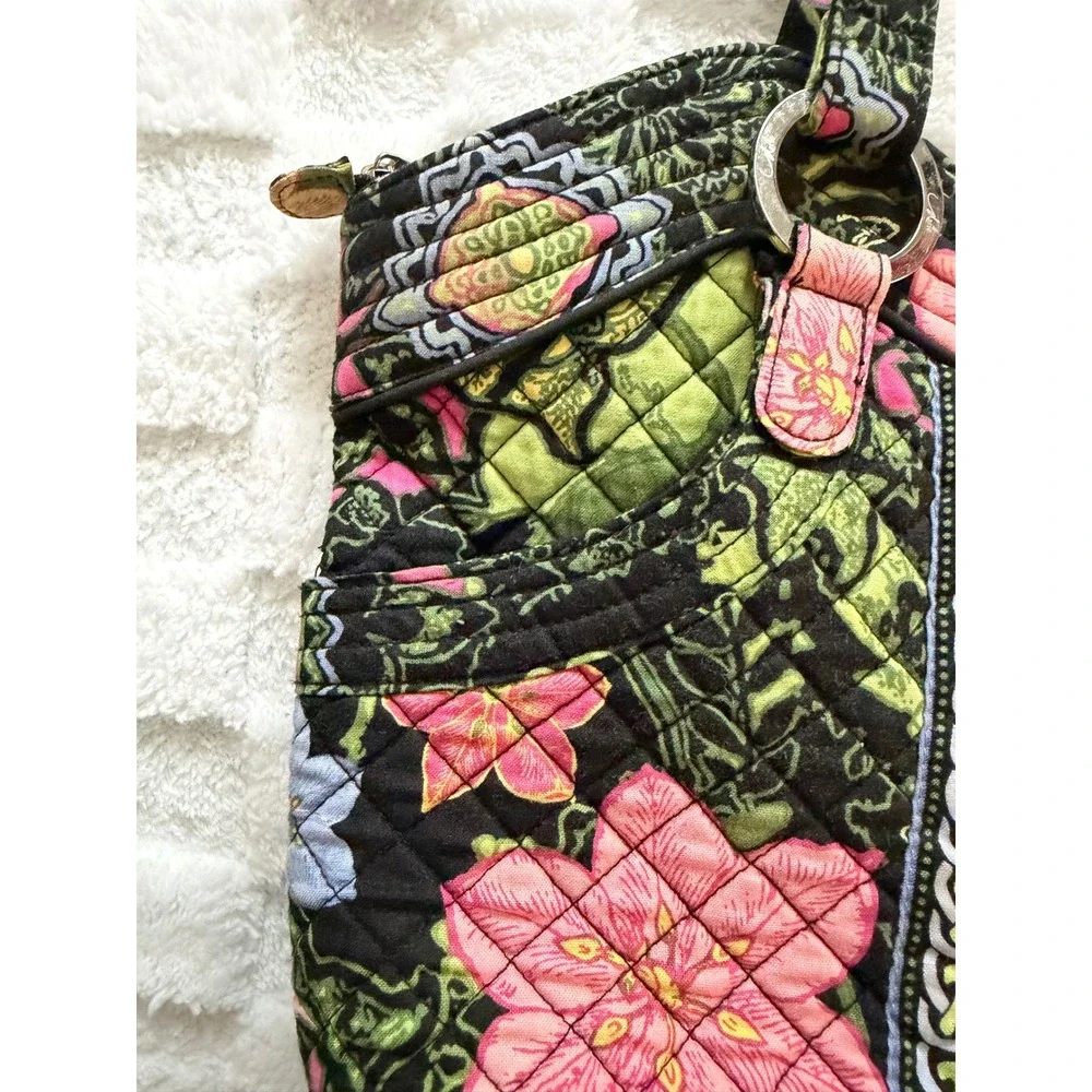 Marie by Giftcraft Quilted Floral Tote Bag Black/Pink/Green Shoulder Bag LG EUC